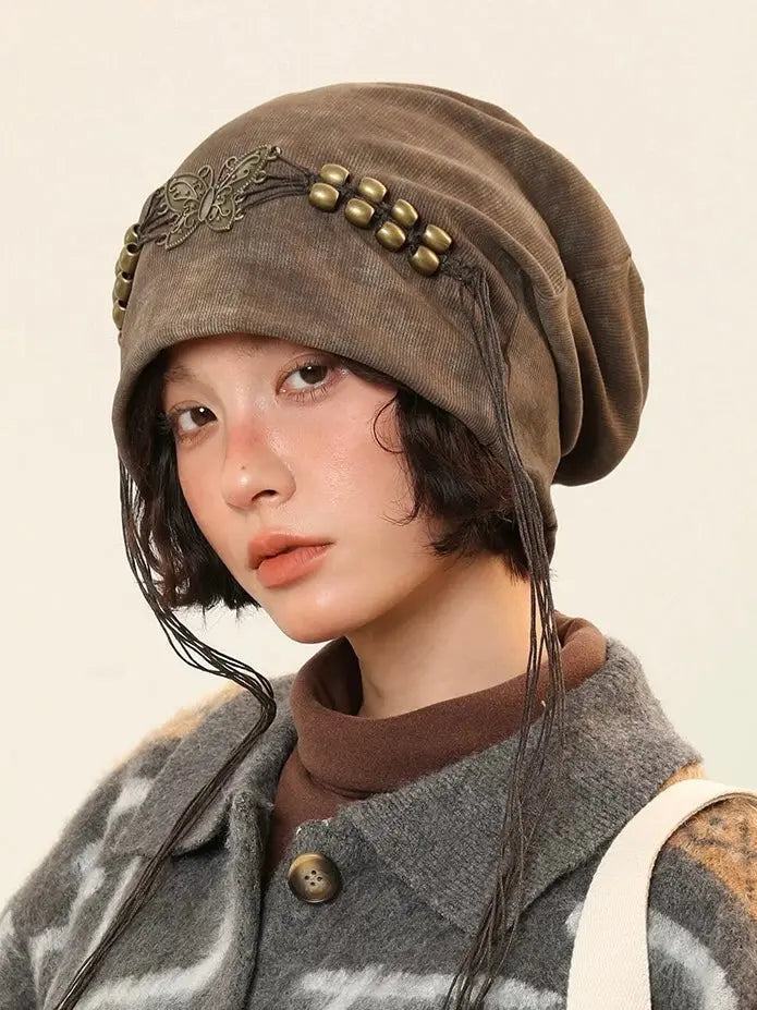 ‘Adventurer’ Wasteland Punk Tassel Hat – Grunge Streetstyle Beanie with Butterfly Detail - - Beanies