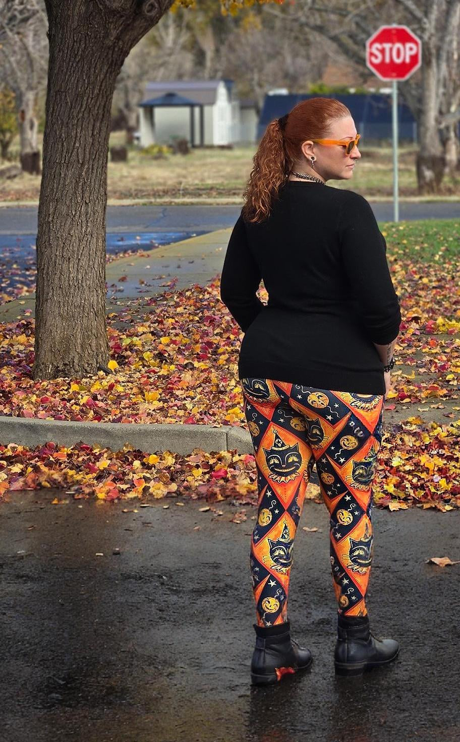 "Grinning Jack" (Johanna Parker Exclusive) Orange Vintage Cat - High-quality Handcrafted Vibrant Leggings -  - Leggings