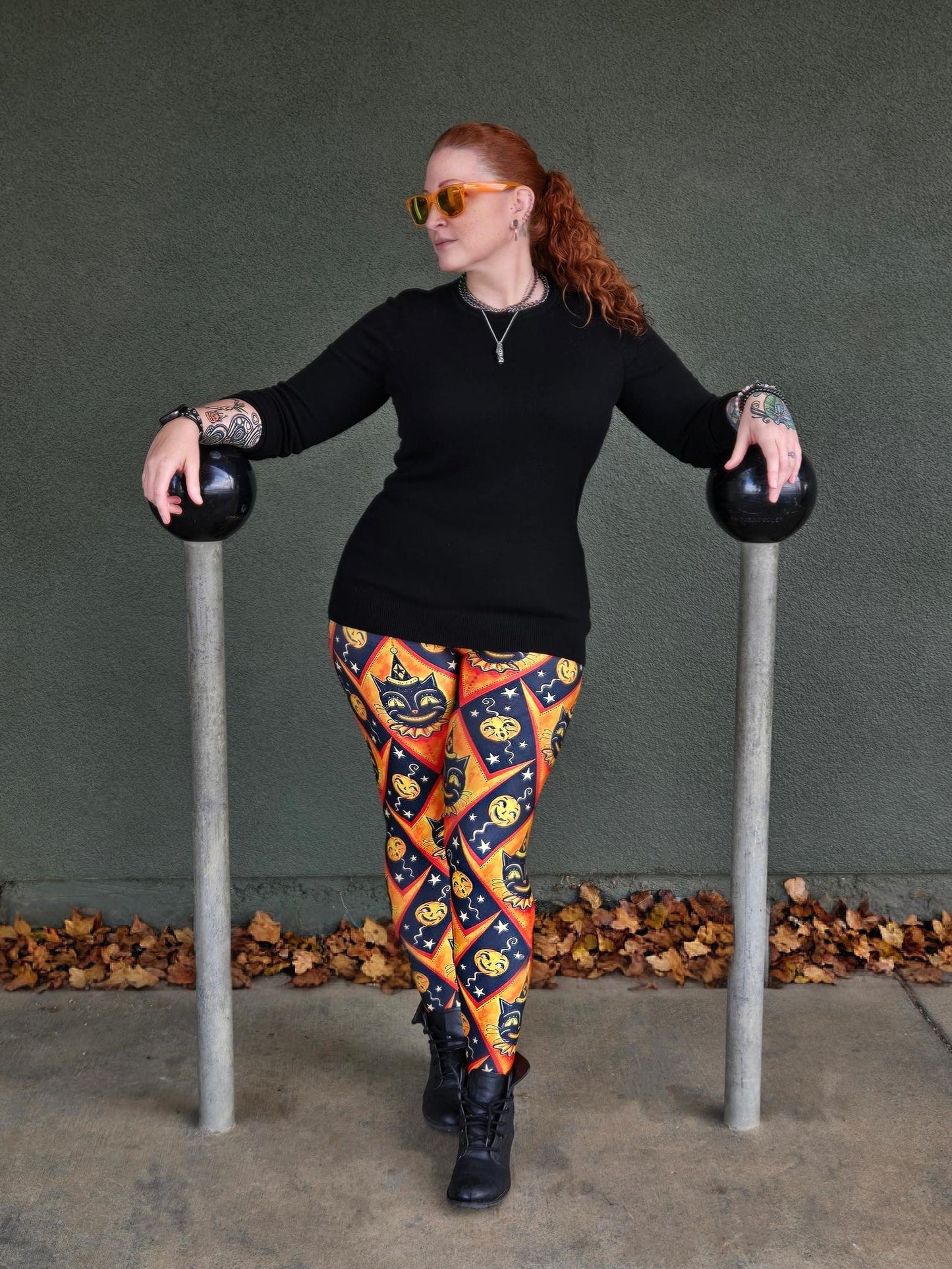 "Grinning Jack" (Johanna Parker Exclusive) Orange Vintage Cat - High-quality Handcrafted Vibrant Leggings -  - Leggings