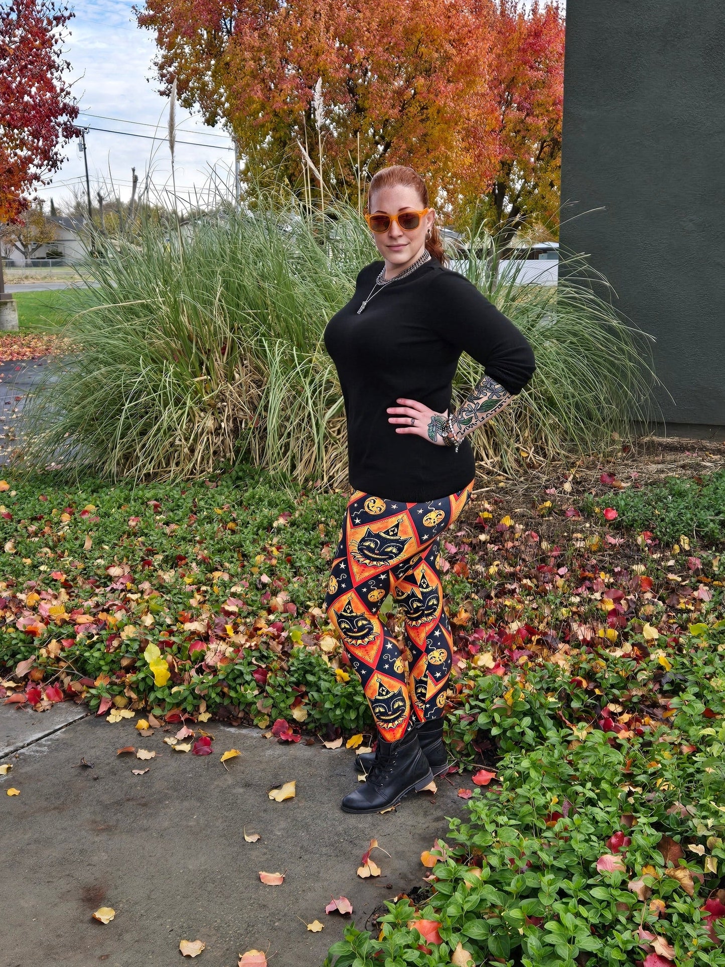 "Grinning Jack" (Johanna Parker Exclusive) Orange Vintage Cat - High-quality Handcrafted Vibrant Leggings -  - Leggings