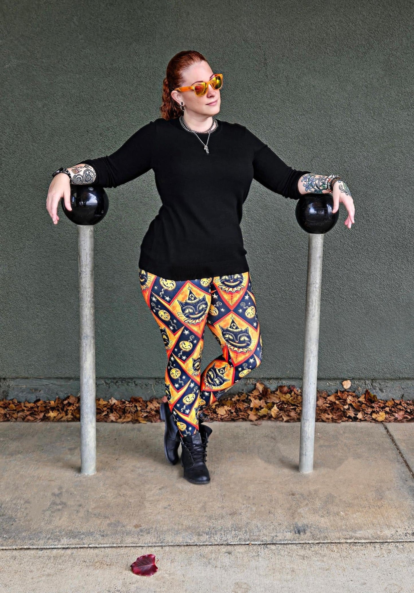 "Grinning Jack" (Johanna Parker Exclusive) Orange Vintage Cat - High-quality Handcrafted Vibrant Leggings -  - Leggings