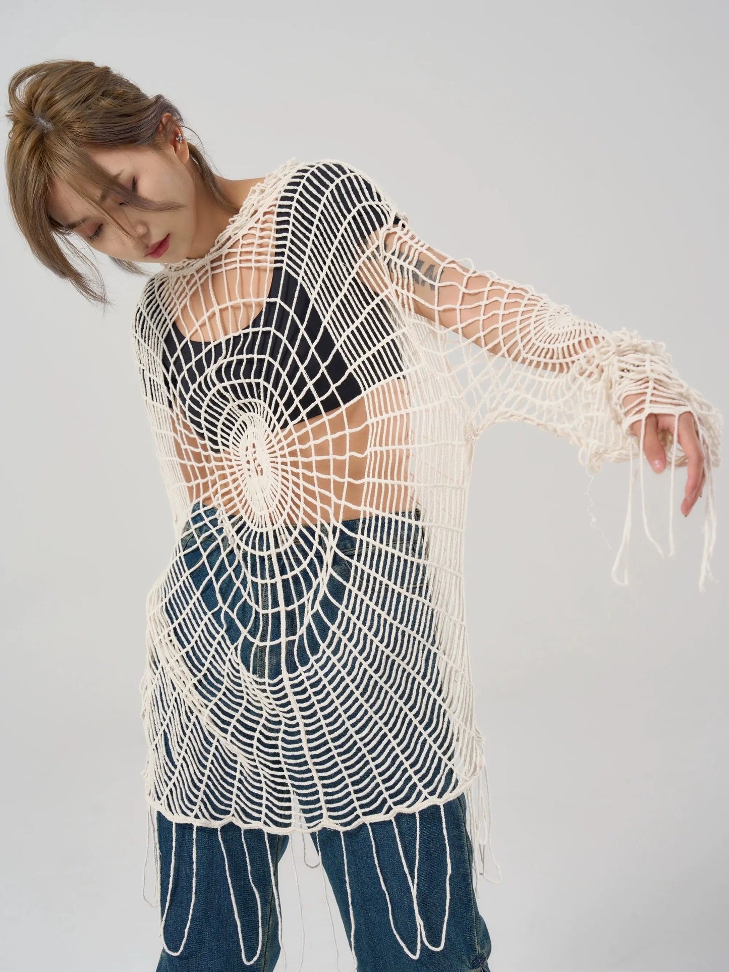 ‘Amnesia’ Spider Web Crochet Smock Top – Fairy Grunge Layering Piece for Y2K & Wasteland Punk Looks -  - Tops - Long Sleeve