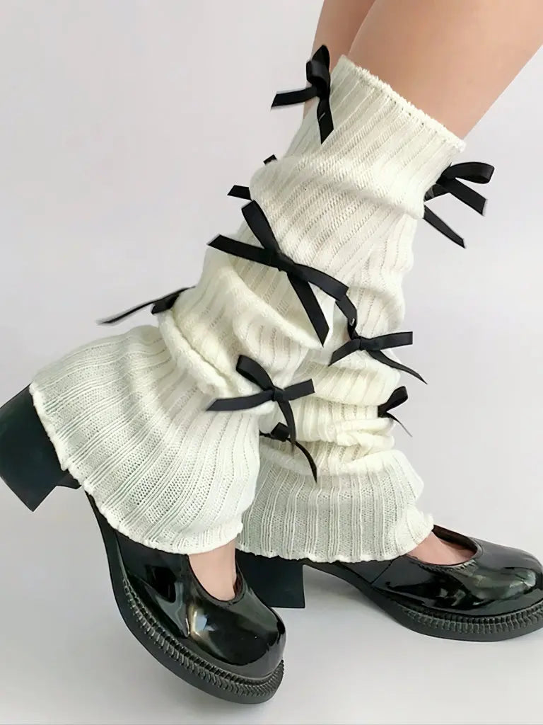 ‘Angelike’ Coquette Ribbon Legwarmers – Lolita-Inspired Y2K Warmers with Bow Details -  - Legwarmers