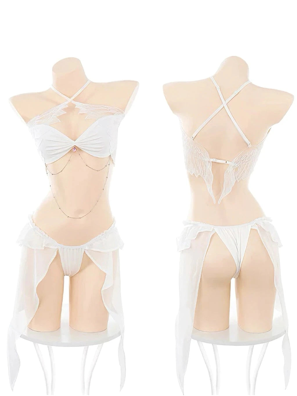 Angeline’ Angel Wings Ruffle Lingerie Set – Ethereal Costume-Inspired Two-Piece with Bikini Top & Bottom -  - Lingerie Set