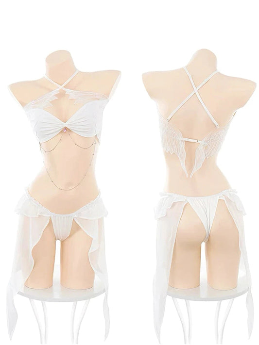 Angeline’ Angel Wings Ruffle Lingerie Set – Ethereal Costume-Inspired Two-Piece with Bikini Top & Bottom -  - Lingerie Set