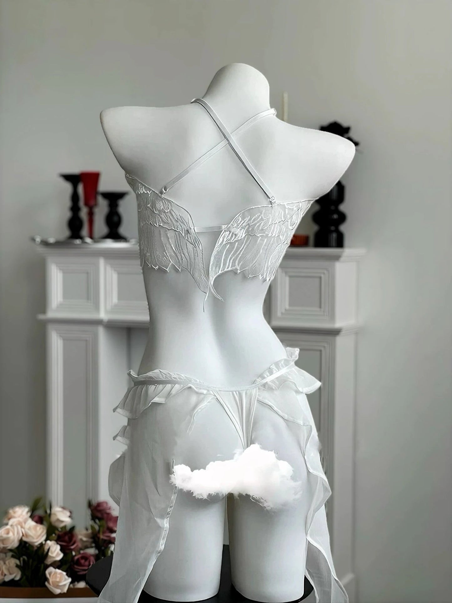 Angeline’ Angel Wings Ruffle Lingerie Set – Ethereal Costume-Inspired Two-Piece with Bikini Top & Bottom -  - Lingerie Set