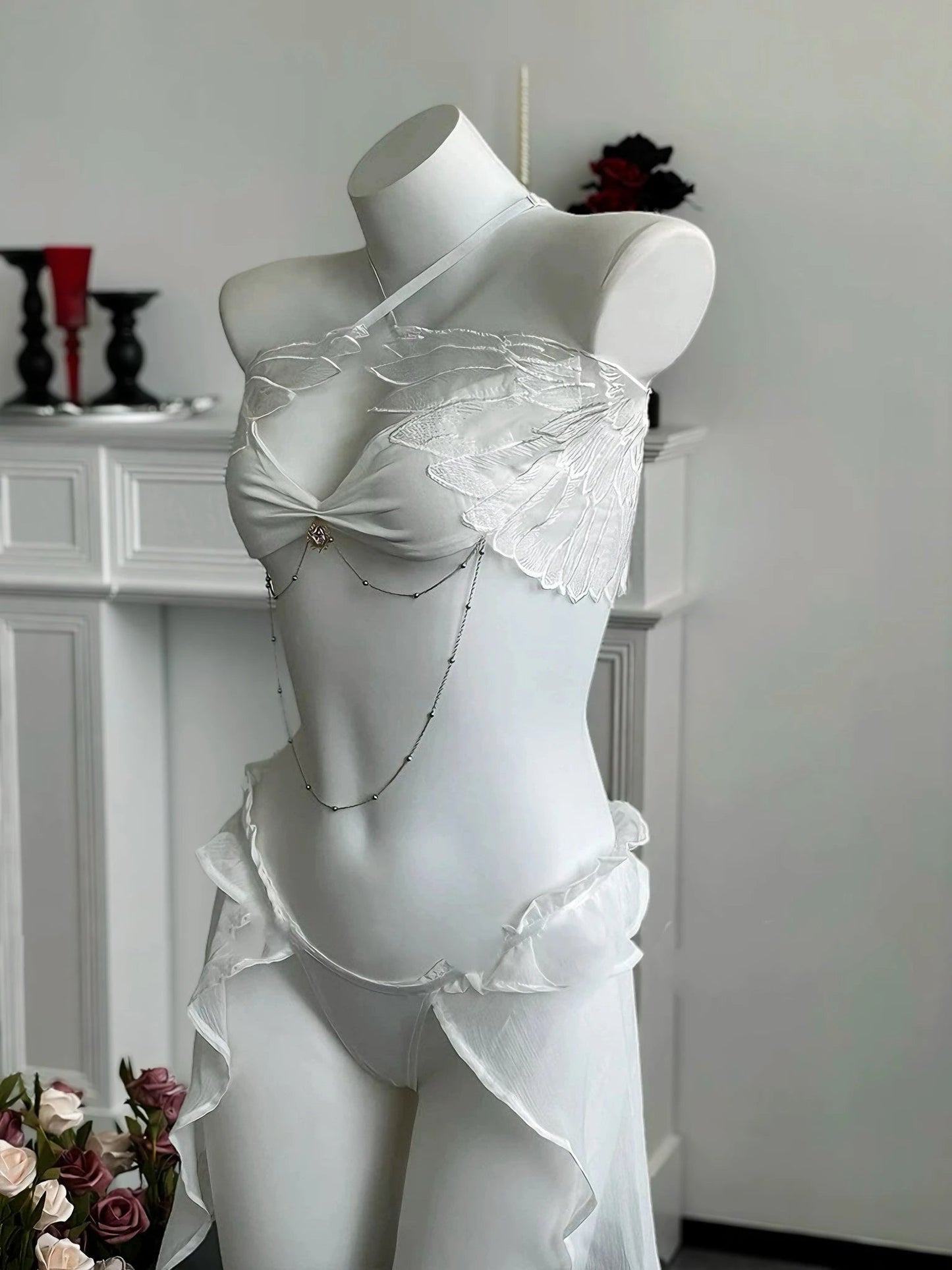 Angeline’ Angel Wings Ruffle Lingerie Set – Ethereal Costume-Inspired Two-Piece with Bikini Top & Bottom -  - Lingerie Set