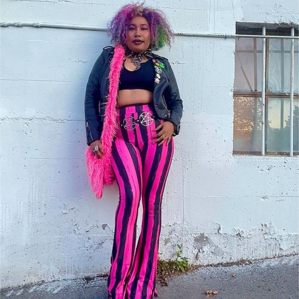 Pink & Black Striped High-Waisted Flared Pants XS - - Pants