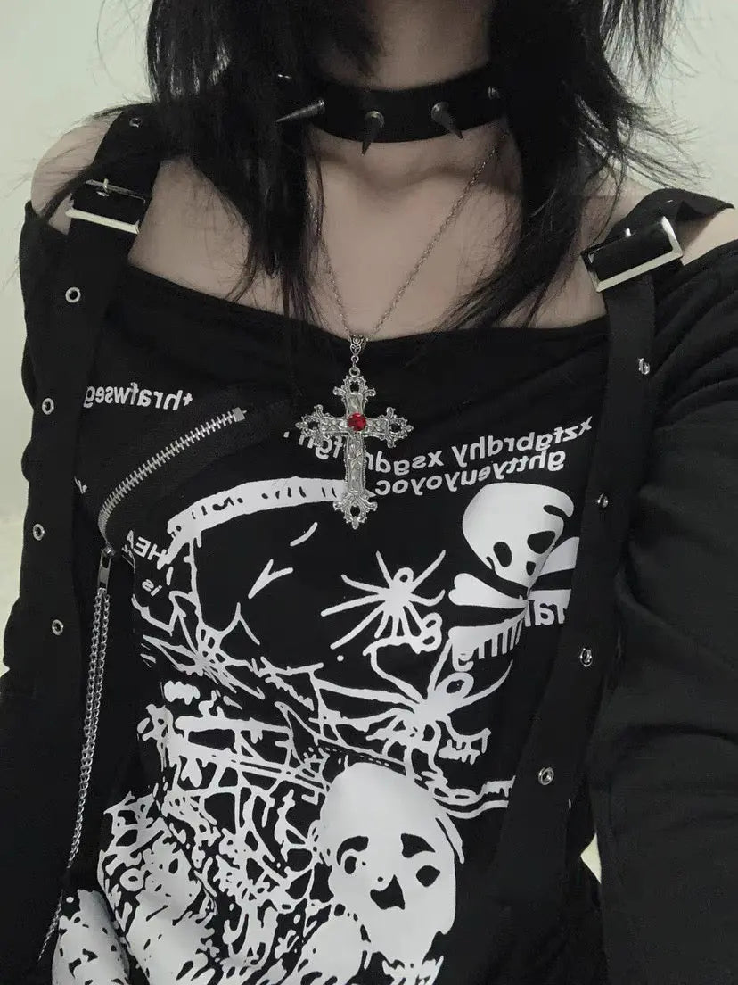 Awareness’ Off-Shoulder Graphic Tee – Dark Punk Spray Paint Shirt for Grunge & Kawaii Goth Style -  - Tops - Long Sleeve