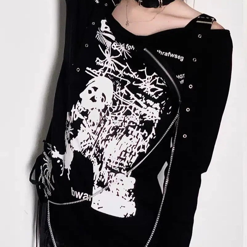 Awareness’ Off-Shoulder Graphic Tee – Dark Punk Spray Paint Shirt for Grunge & Kawaii Goth Style -  - Tops - Long Sleeve