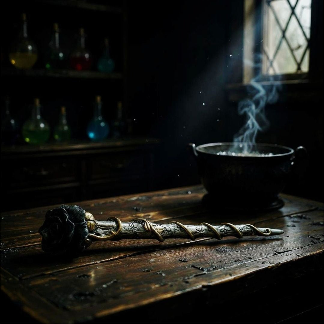 Black Rose Wand by Alchemy Gothic – Resin Scepter w/ Sigils & Ritual Symbolism