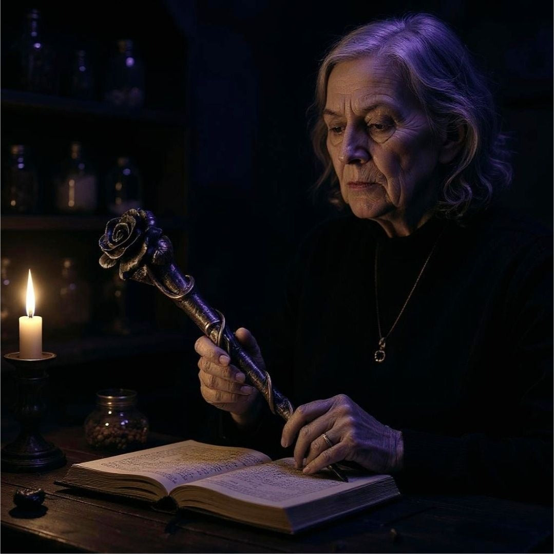 Black Rose Wand by Alchemy Gothic – Resin Scepter w/ Sigils & Ritual Symbolism