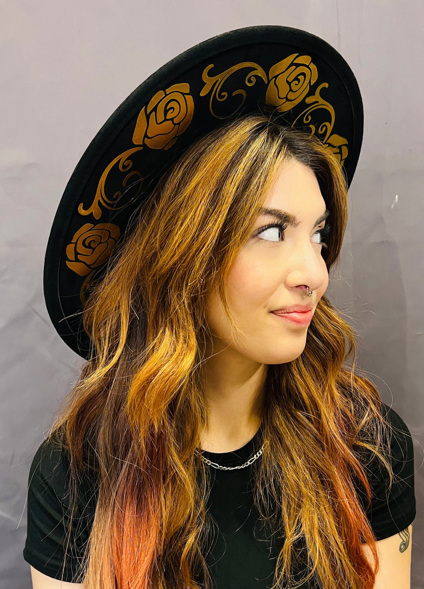 Vegan SUEDE Wide Brim Hat - XL Brim - Foiled Rose Crown - -