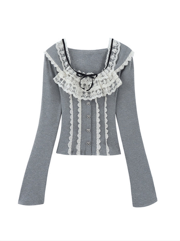 'Babe Lolita' Balletcore Lace Bowtie Shirt -  - Tops - Long Sleeve