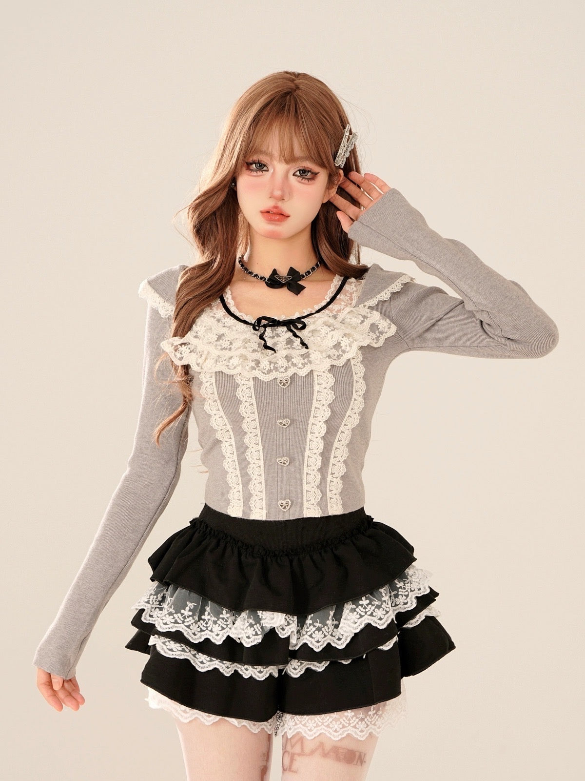 'Babe Lolita' Balletcore Lace Bowtie Shirt -  - Tops - Long Sleeve