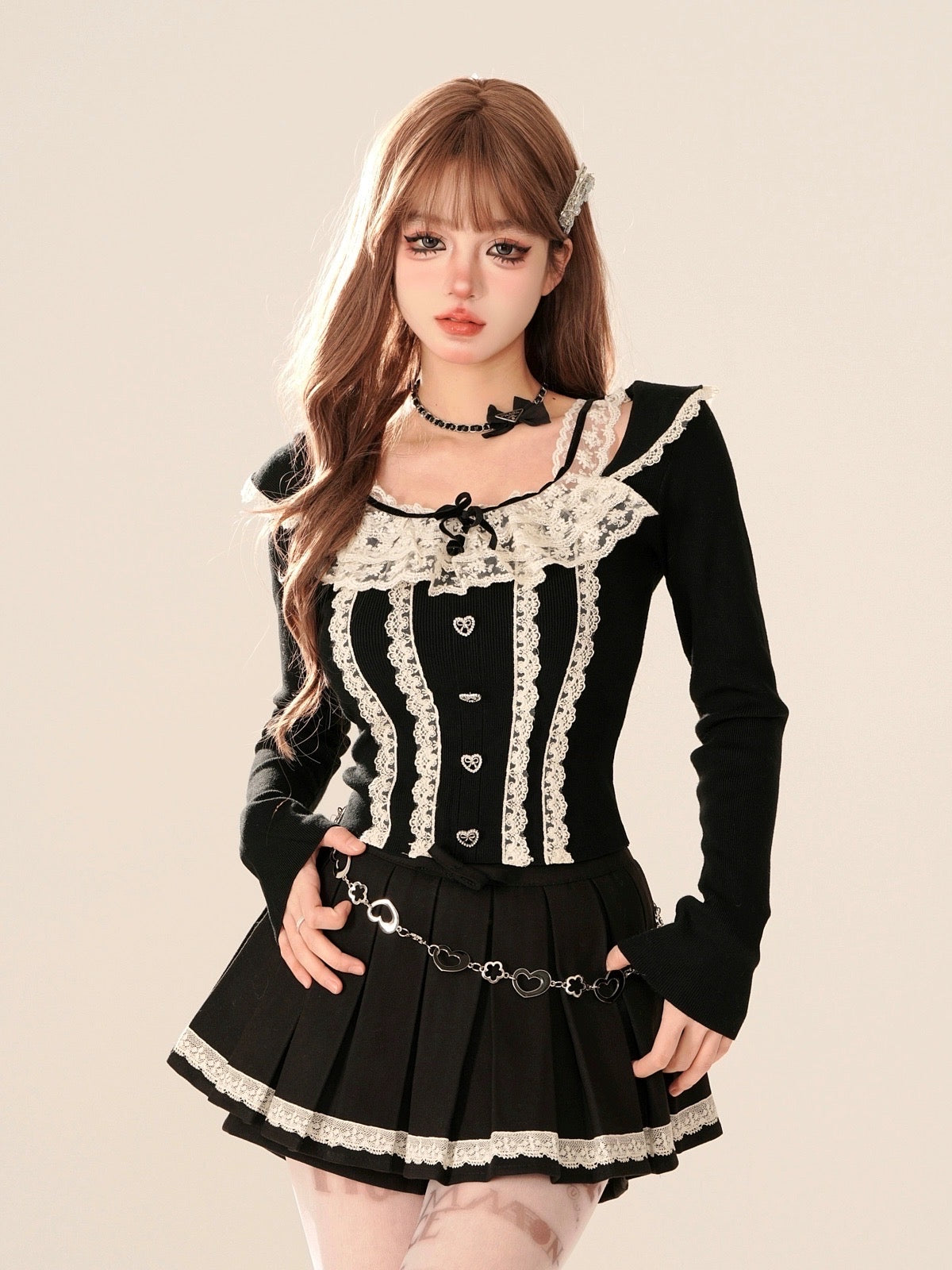 'Babe Lolita' Balletcore Lace Bowtie Shirt -  - Tops - Long Sleeve