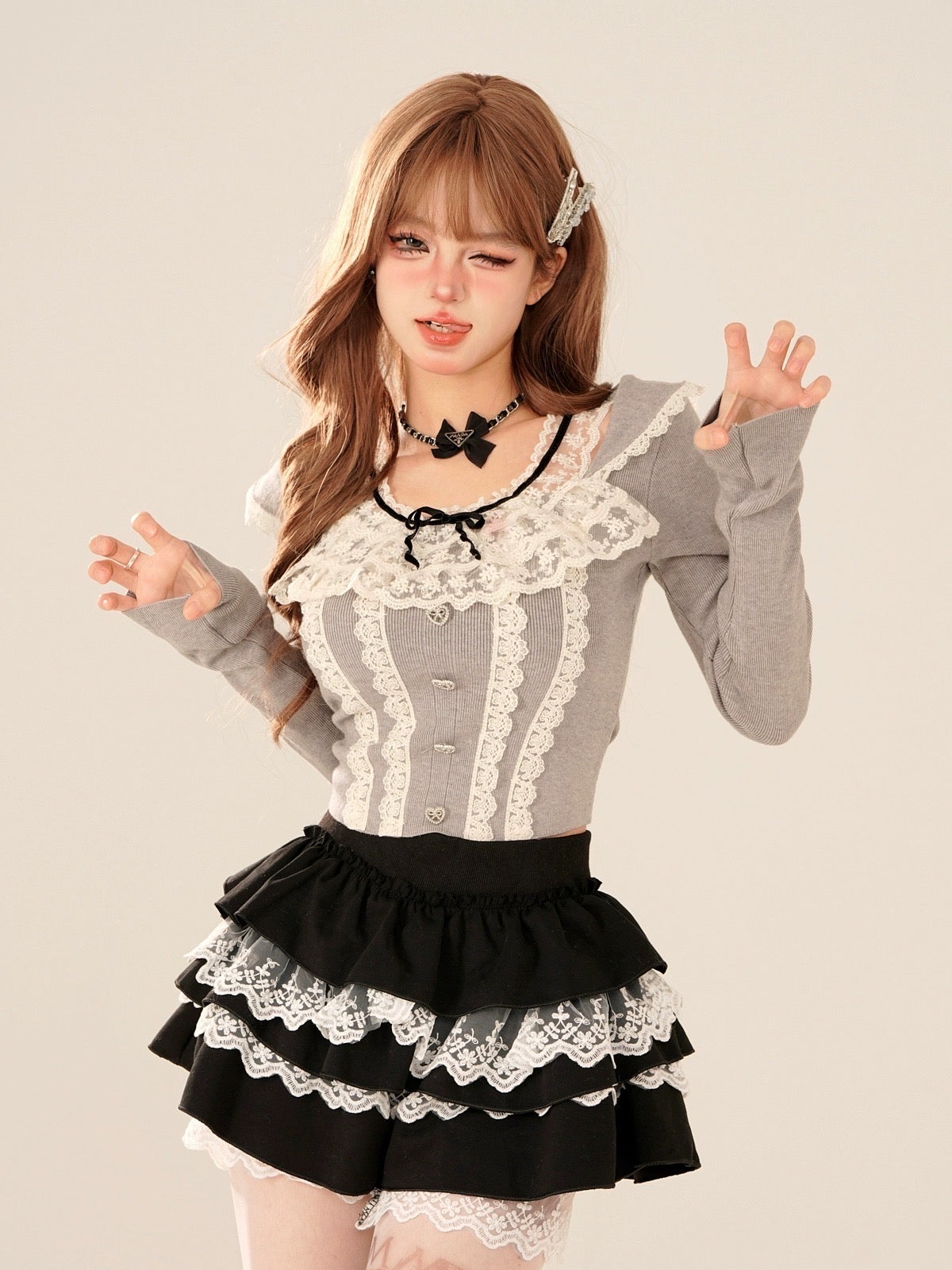 'Babe Lolita' Balletcore Lace Bowtie Shirt -  - Tops - Long Sleeve