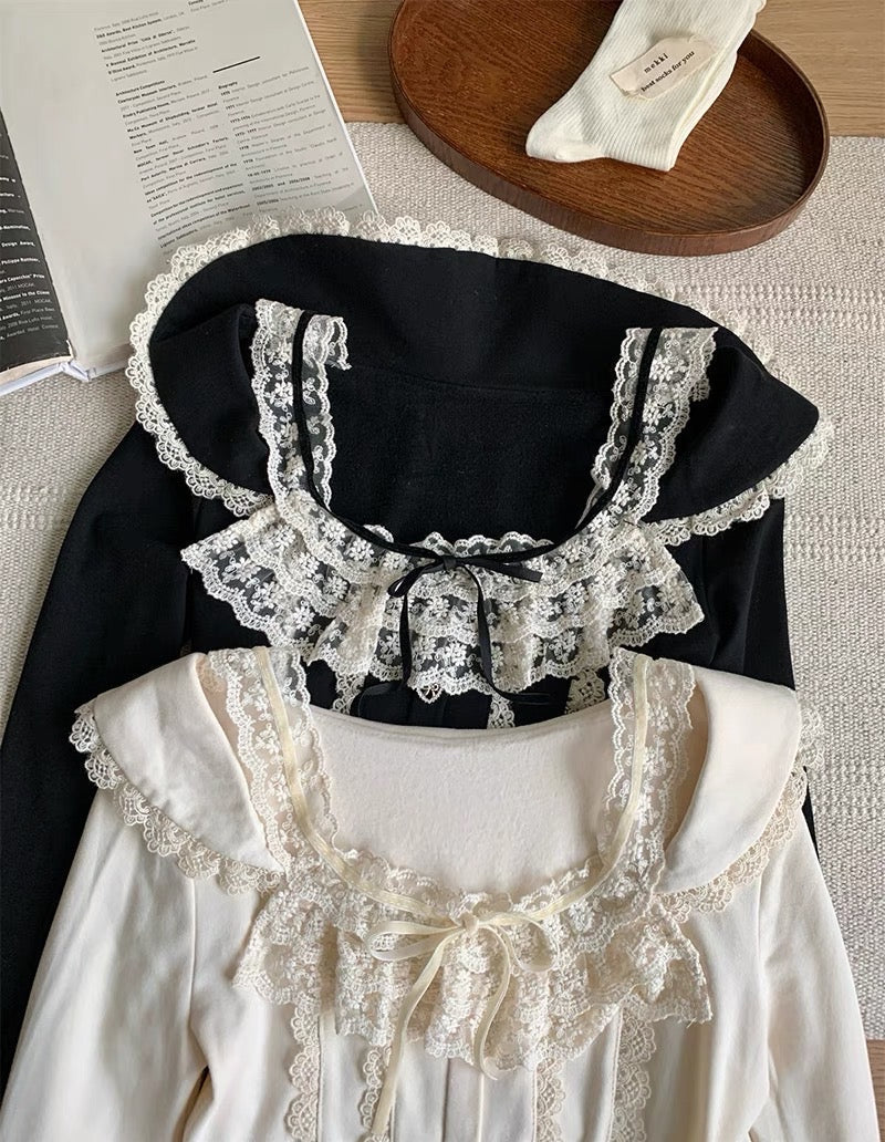 'Babe Lolita' Balletcore Lace Bowtie Shirt -  - Tops - Long Sleeve