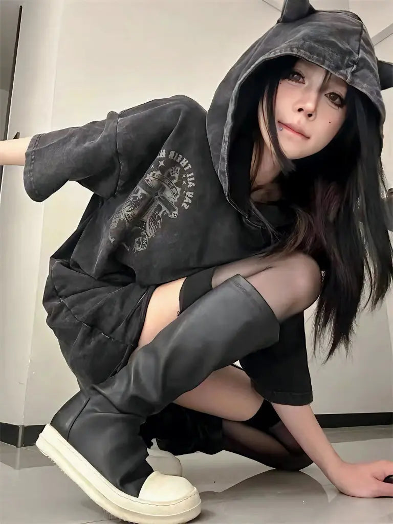 ‘Bad Nature’ Distressed Cat Ear Hoodie Shirt – Oversized Unisex Grunge Top for Darkwear & Punk Street Style -  - T-Shirts