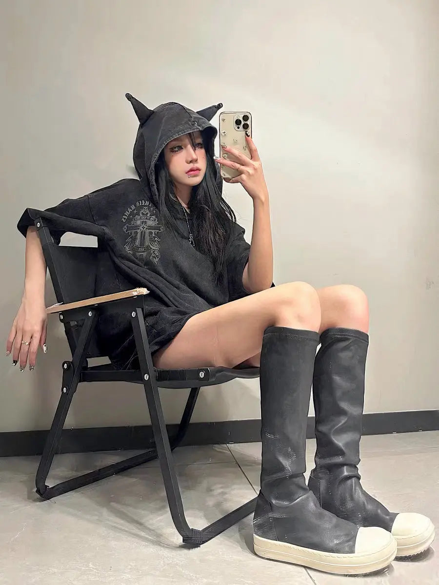 ‘Bad Nature’ Distressed Cat Ear Hoodie Shirt – Oversized Unisex Grunge Top for Darkwear & Punk Street Style -  - T-Shirts