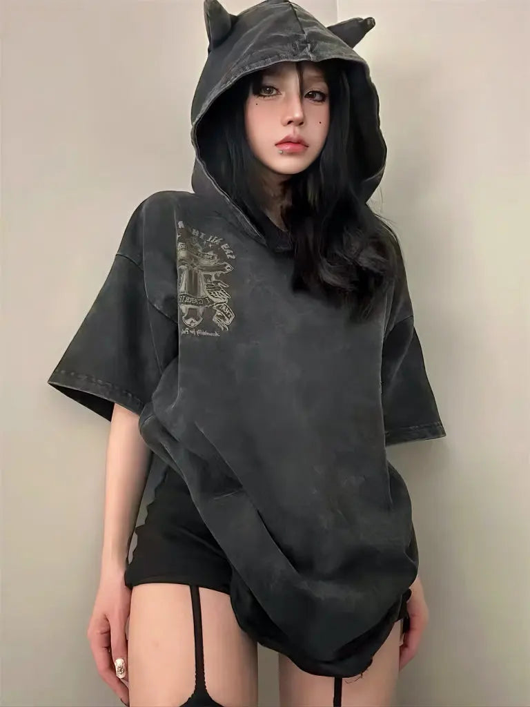 ‘Bad Nature’ Distressed Cat Ear Hoodie Shirt – Oversized Unisex Grunge Top for Darkwear & Punk Street Style -  - T-Shirts