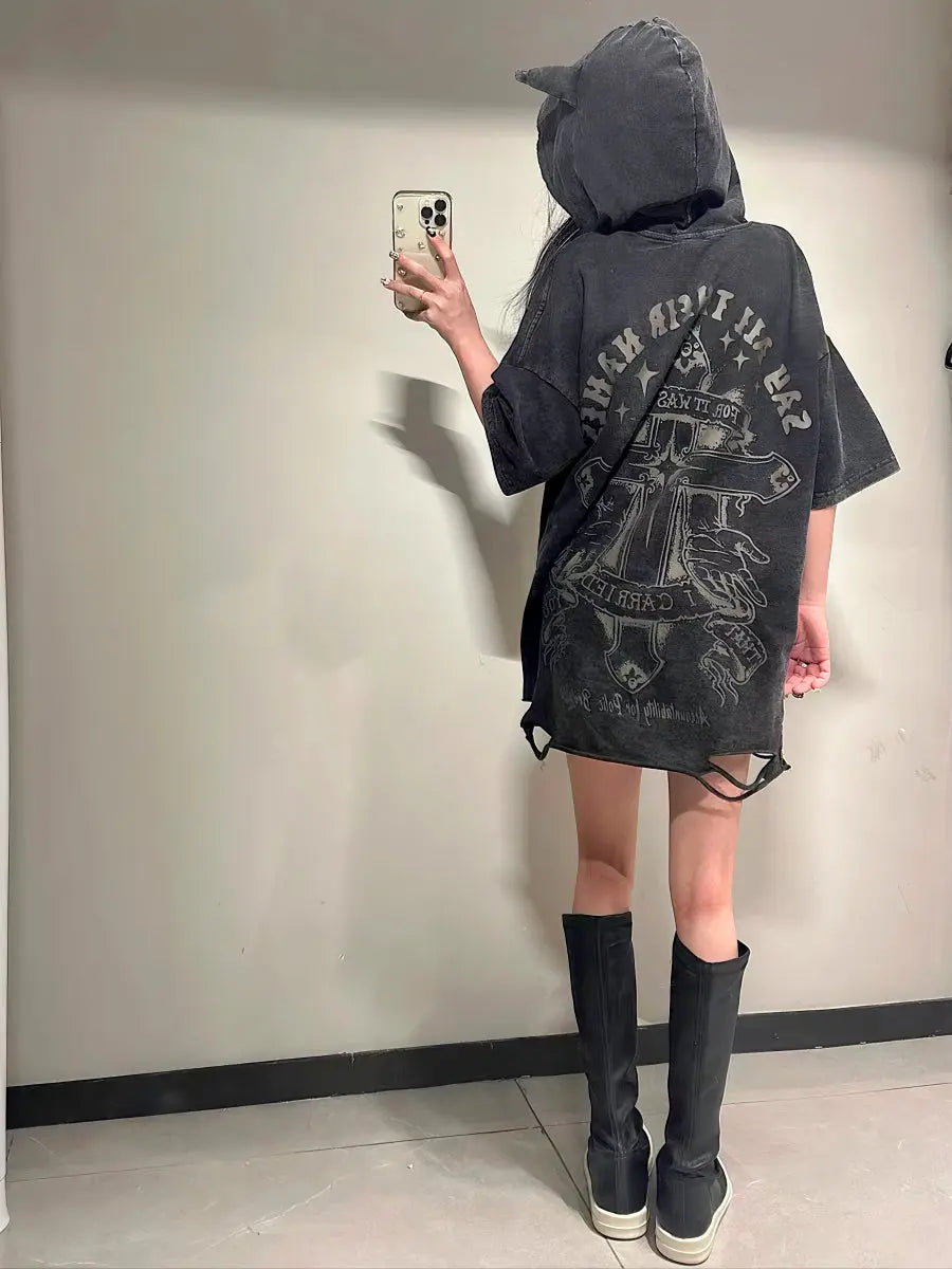 ‘Bad Nature’ Distressed Cat Ear Hoodie Shirt – Oversized Unisex Grunge Top for Darkwear & Punk Street Style -  - T-Shirts