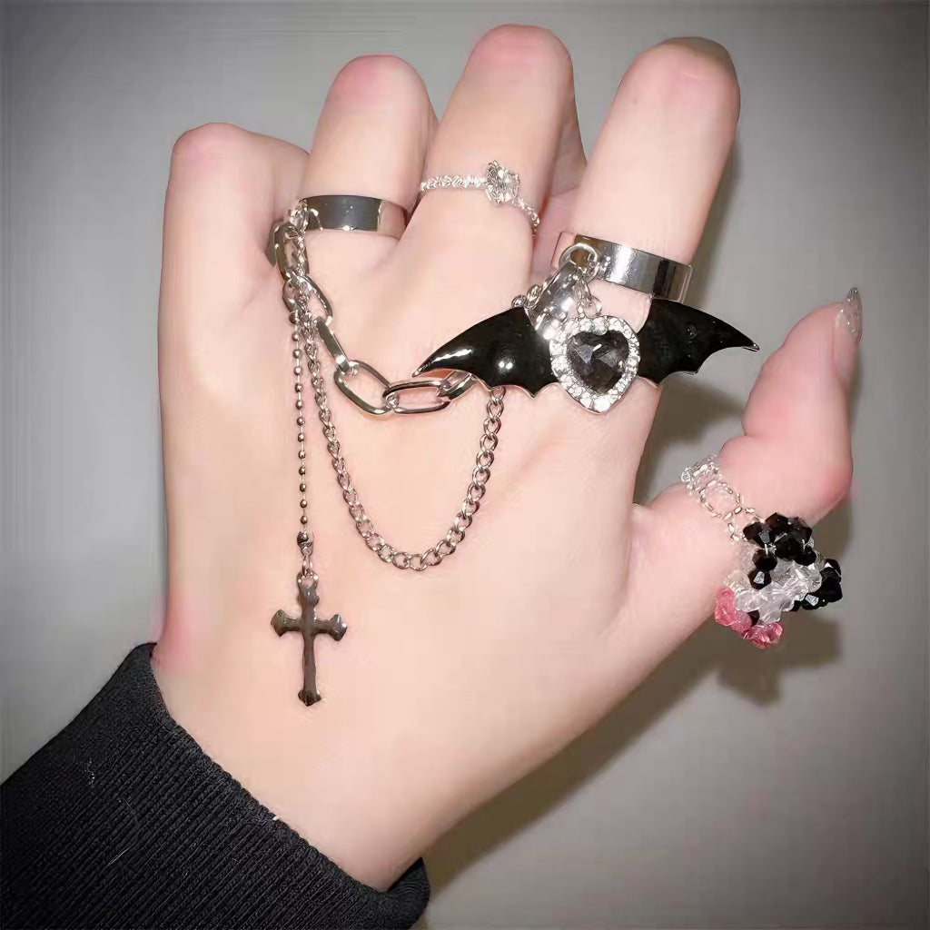 'Bat Doll' Kawaii Goth Bat Wings & Cross Rings Set -  - Rings