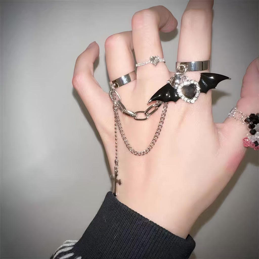 'Bat Doll' Kawaii Goth Bat Wings & Cross Rings Set -  - Rings