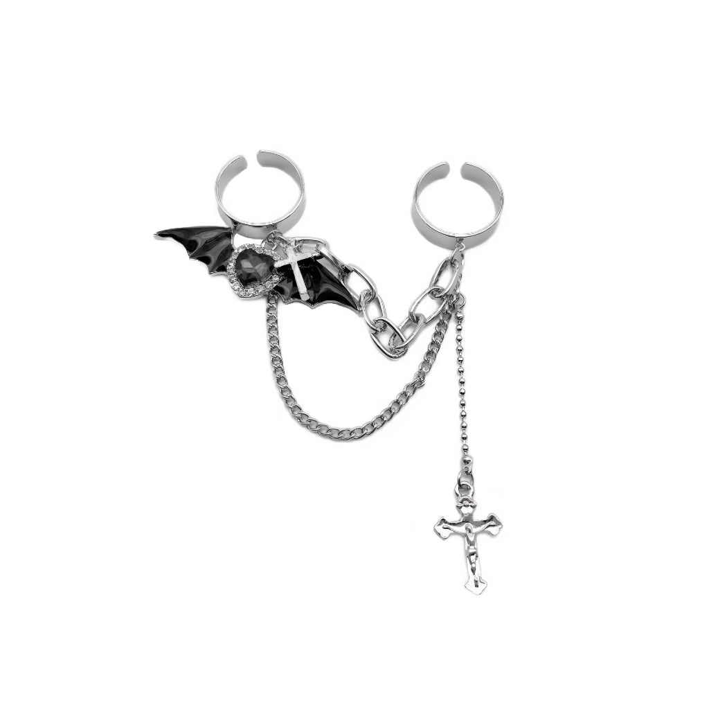 'Bat Doll' Kawaii Goth Bat Wings & Cross Rings Set -  - Rings