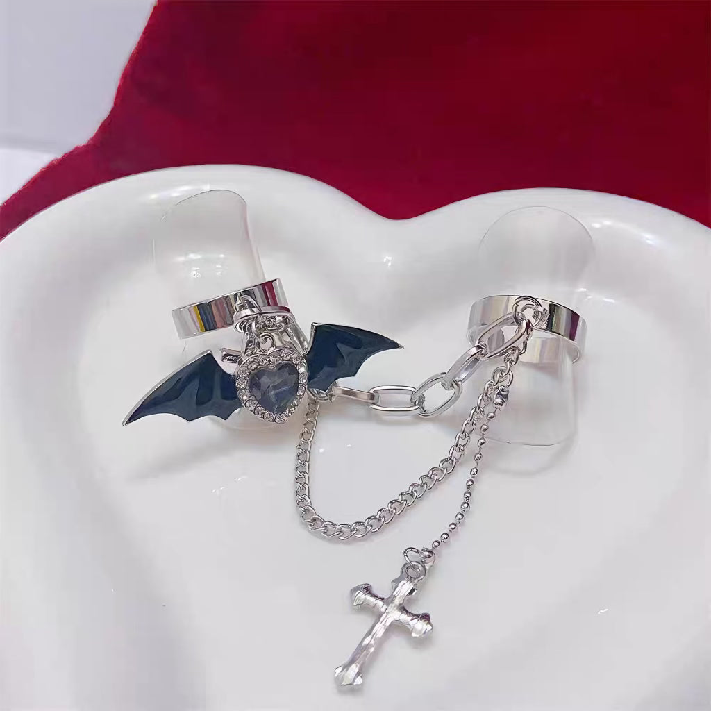'Bat Doll' Kawaii Goth Bat Wings & Cross Rings Set -  - Rings