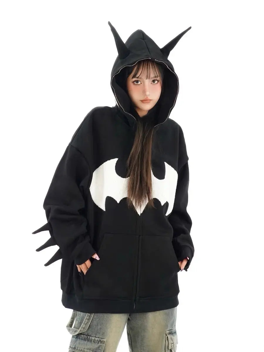 'Bat Girl' Dark Bats Zipped Oversized Hoodie -  - Hoodies