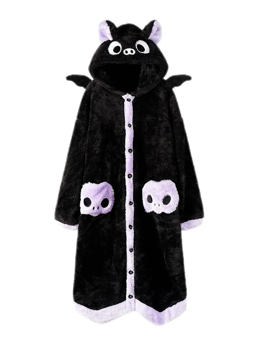 ‘Batsy’ Kawaii Fleece Pajama Robe – Warm Anime-Inspired Loungewear with Ghost Kitties & Pockets -  - Robes