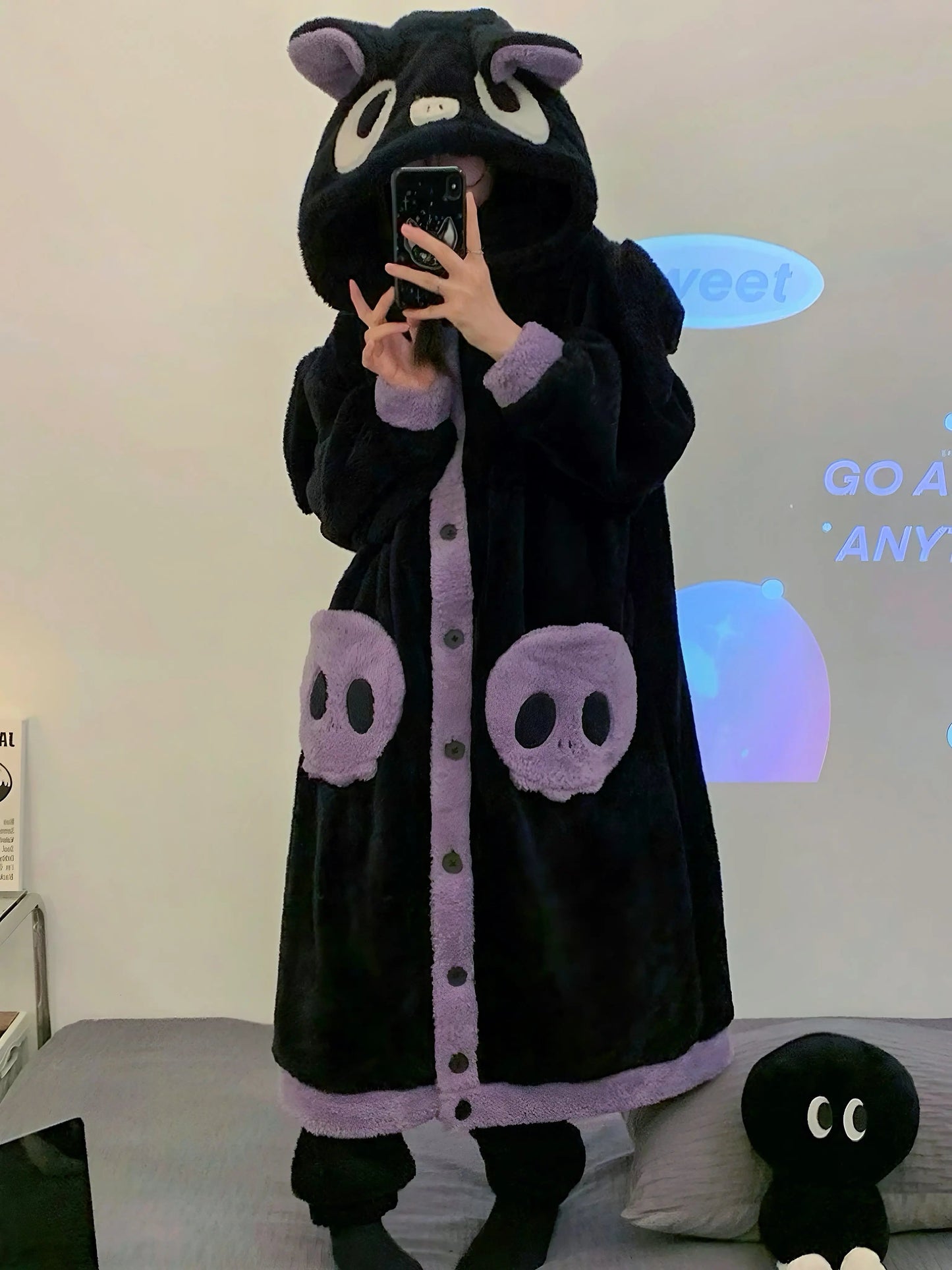 ‘Batsy’ Kawaii Fleece Pajama Robe – Warm Anime-Inspired Loungewear with Ghost Kitties & Pockets -  - Robes