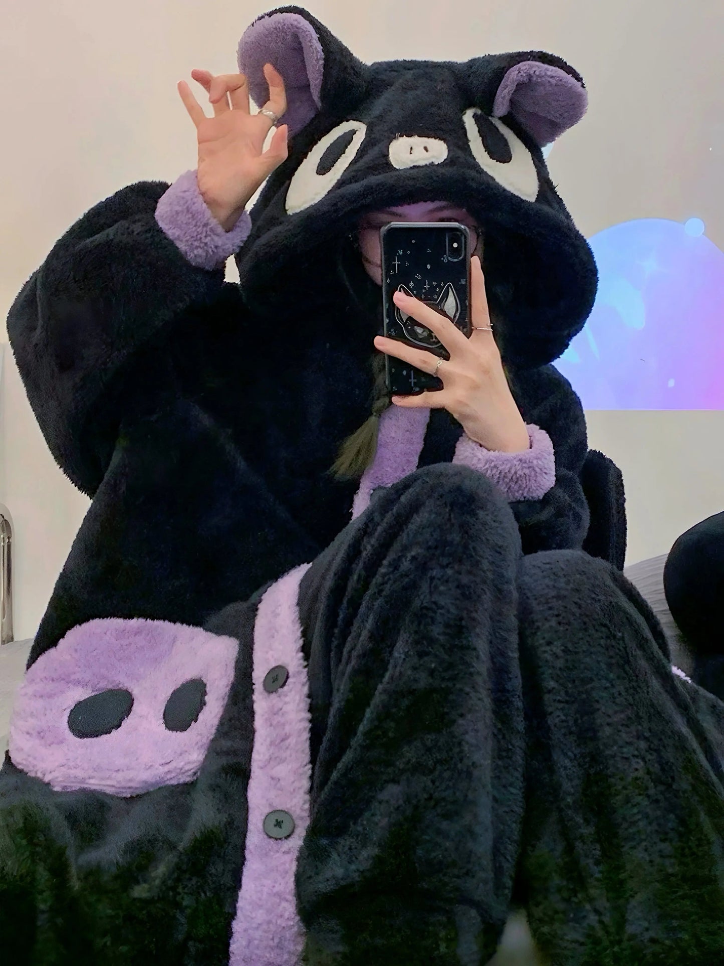 ‘Batsy’ Kawaii Fleece Pajama Robe – Warm Anime-Inspired Loungewear with Ghost Kitties & Pockets -  - Robes