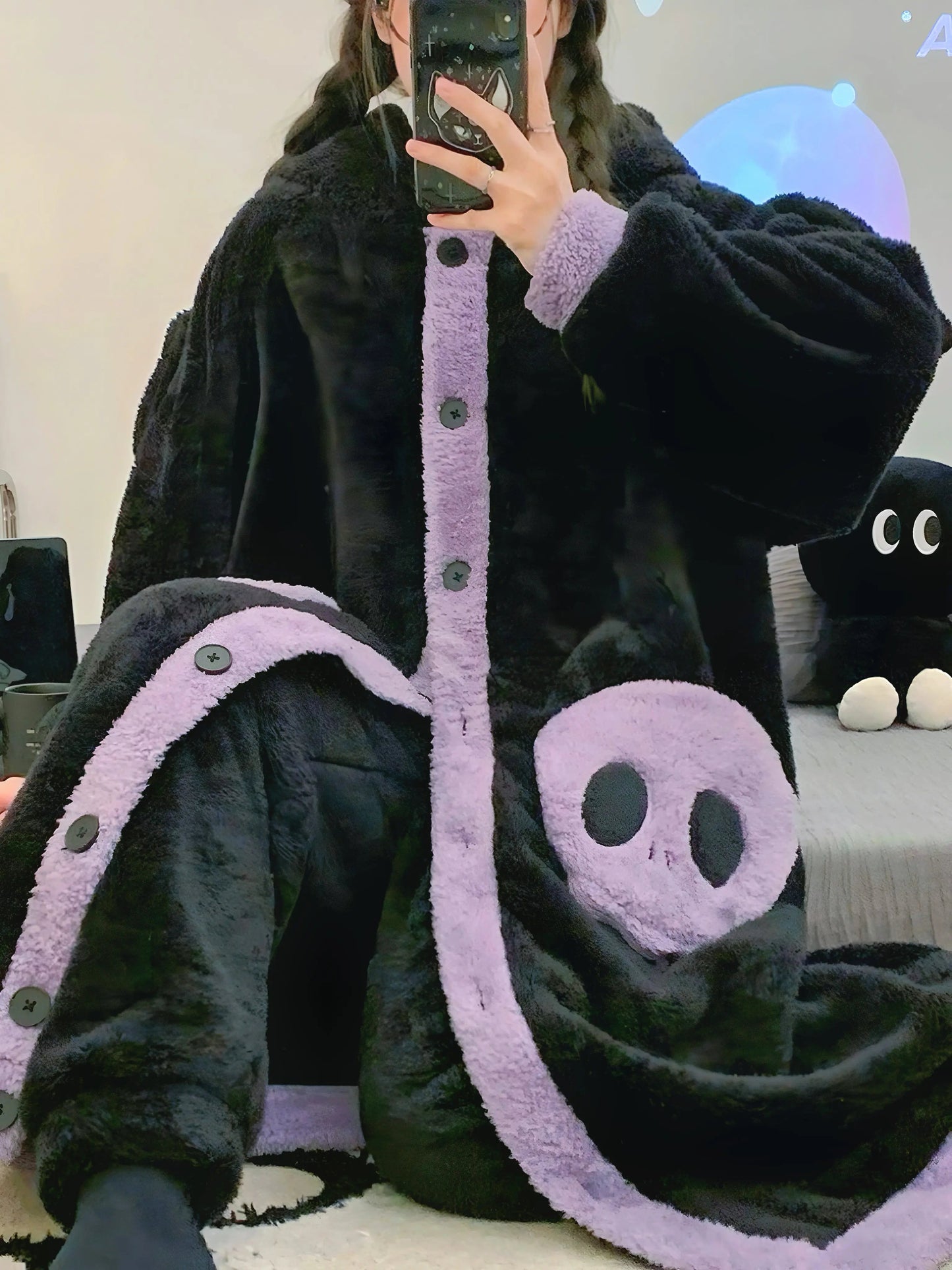 ‘Batsy’ Kawaii Fleece Pajama Robe – Warm Anime-Inspired Loungewear with Ghost Kitties & Pockets -  - Robes