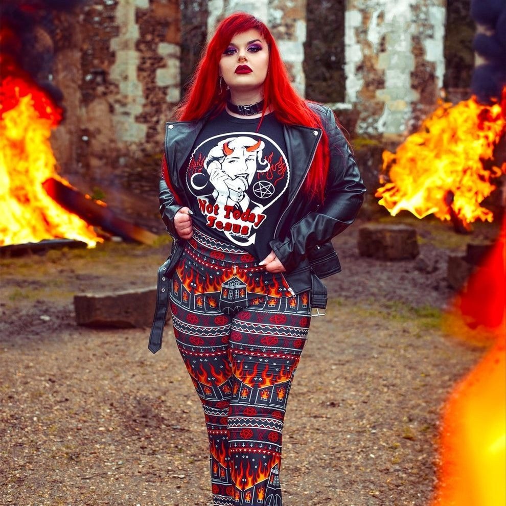 Burn Baby Burn Hellz Bellz Flarez Hellfire & Pentagram Design M - - Flared Leg Pants