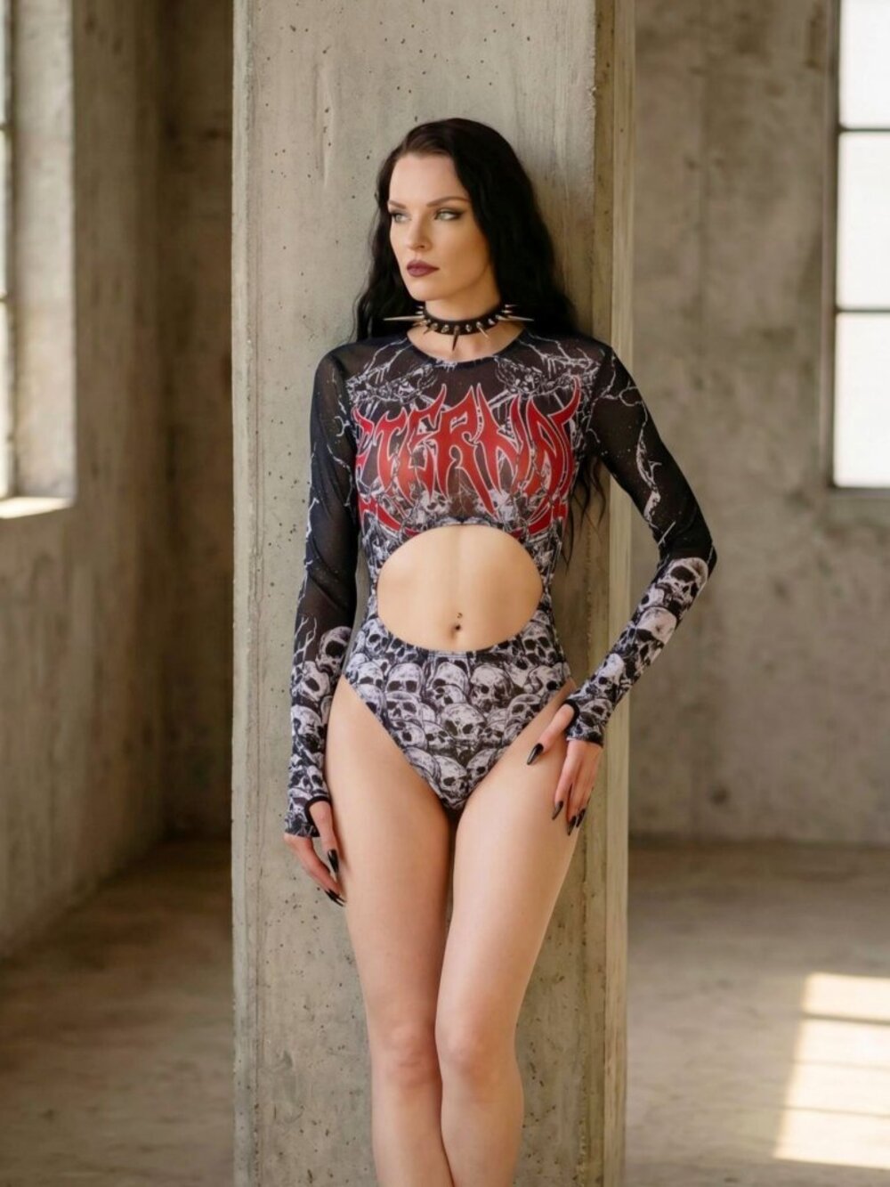 Widow Graveyard Anthem Skull Mesh Cut Out Long Sleeve Bodysuit Graphic XS