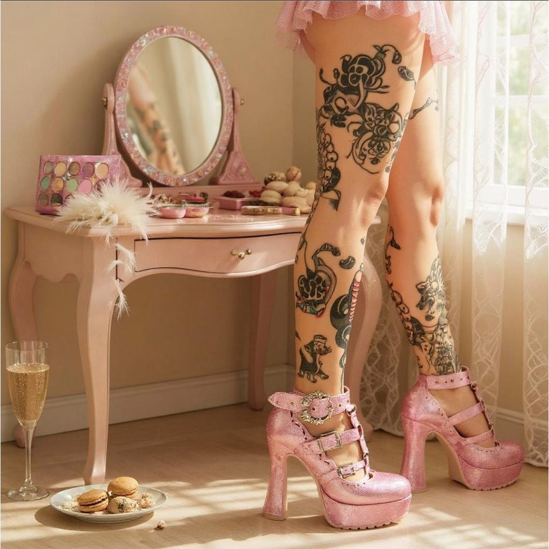 Pastel Goth Platform Heels – Pink Faux Suede O-Ring Buckle 9