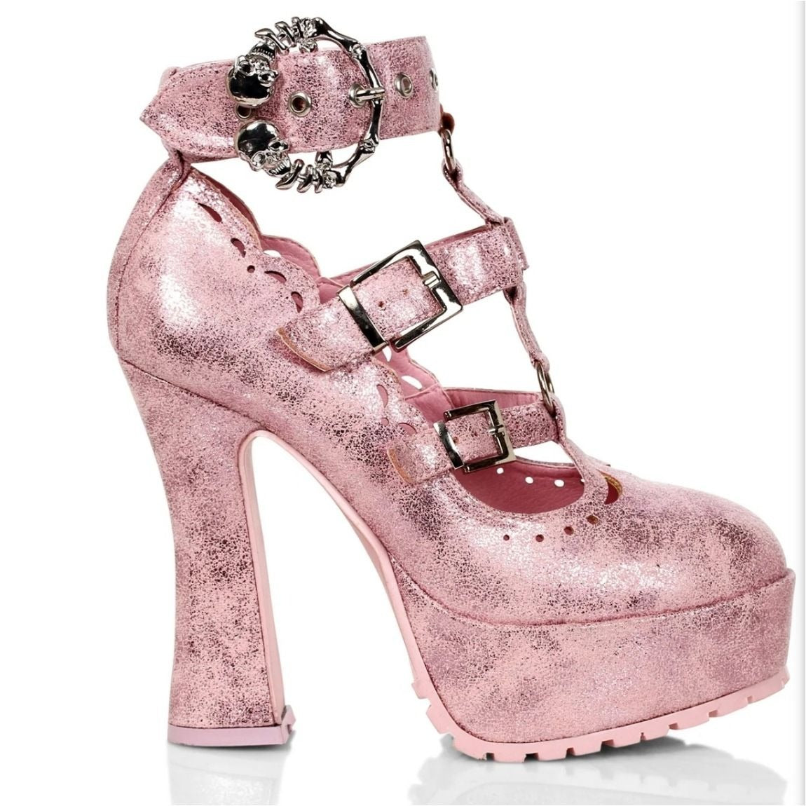 Pastel Goth Platform Heels – Pink Faux Suede O-Ring Buckle 9