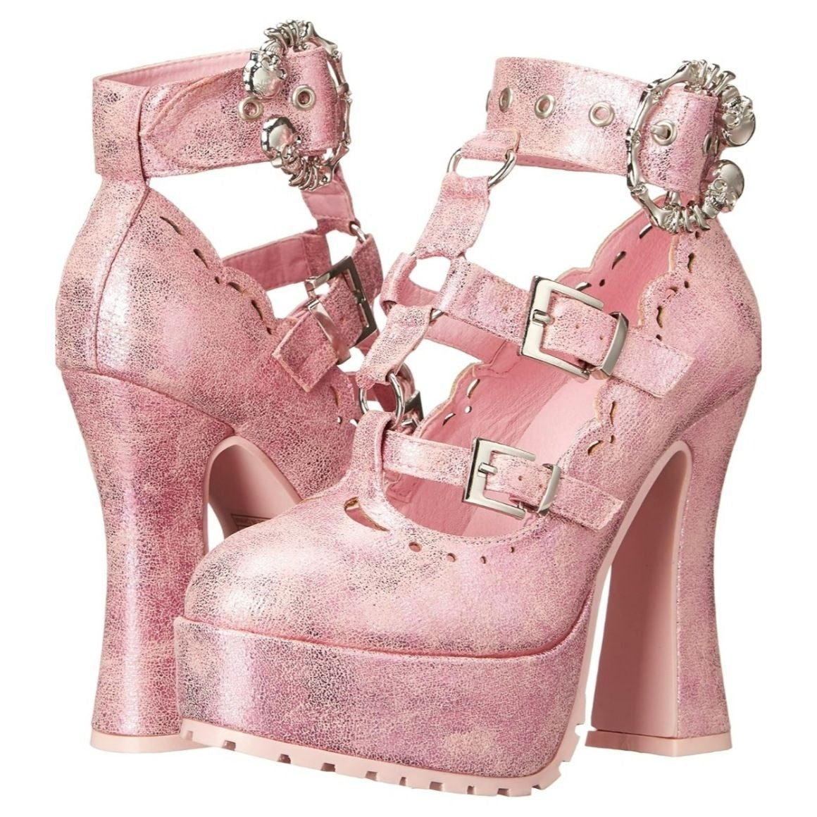 Pastel Goth Platform Heels – Pink Faux Suede O-Ring Buckle 9