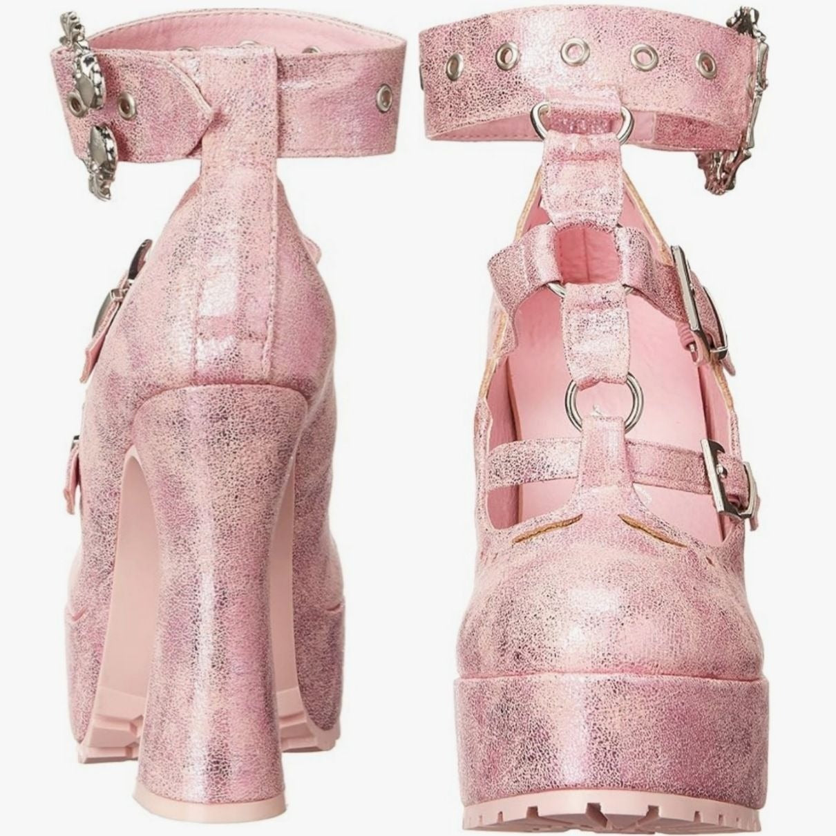 Pastel Goth Platform Heels – Pink Faux Suede O-Ring Buckle 9