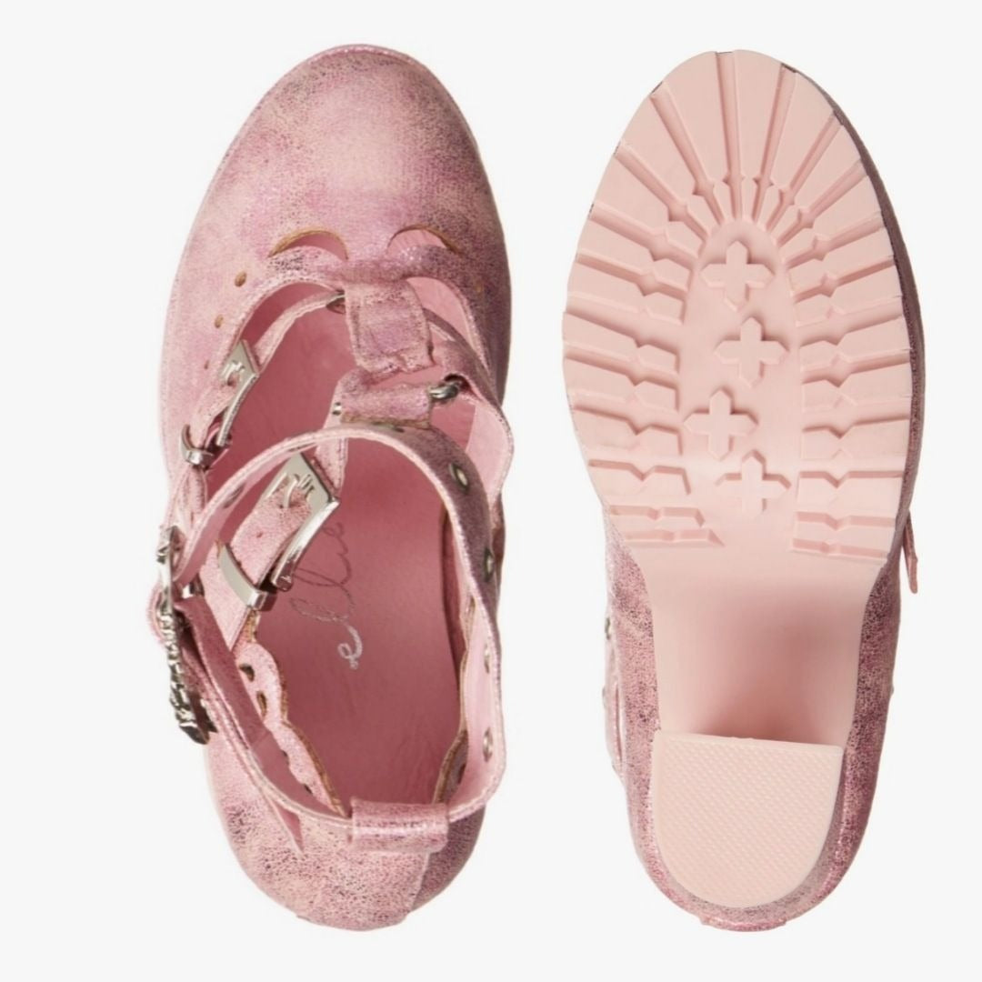 Pastel Goth Platform Heels – Pink Faux Suede O-Ring Buckle 9