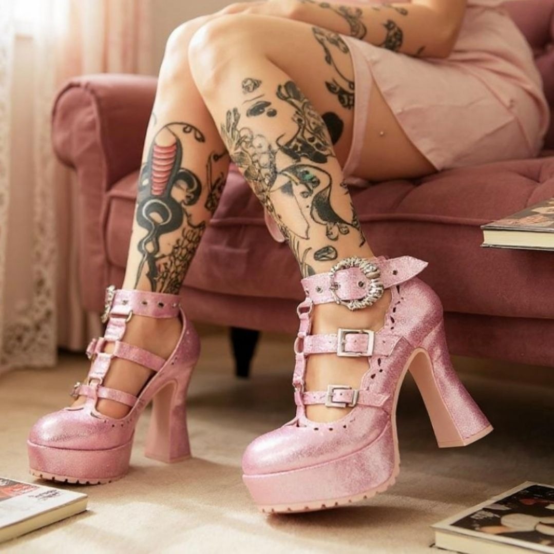 Pastel Goth Platform Heels – Pink Faux Suede O-Ring Buckle 9