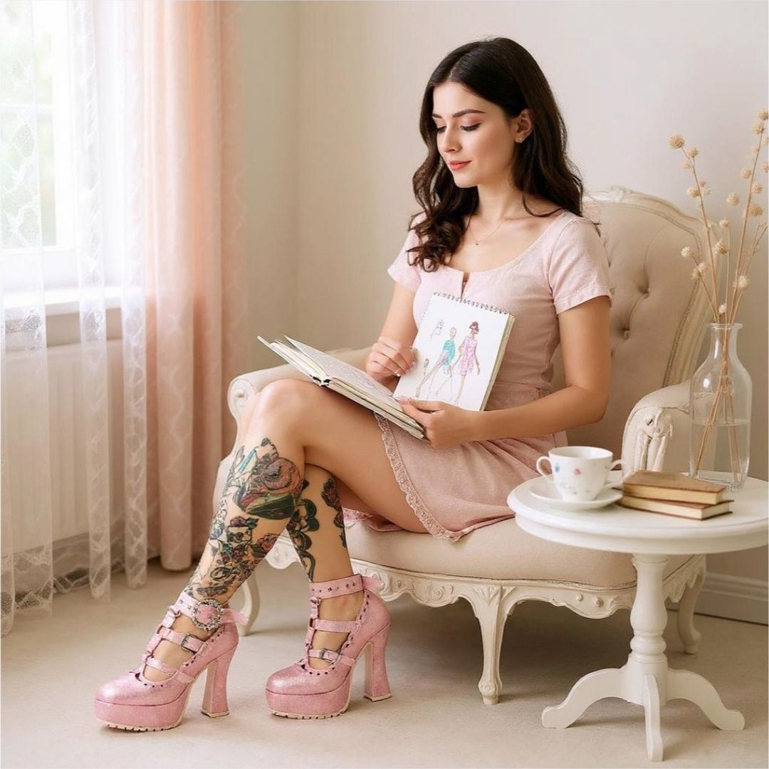Pastel Goth Platform Heels – Pink Faux Suede O-Ring Buckle 9