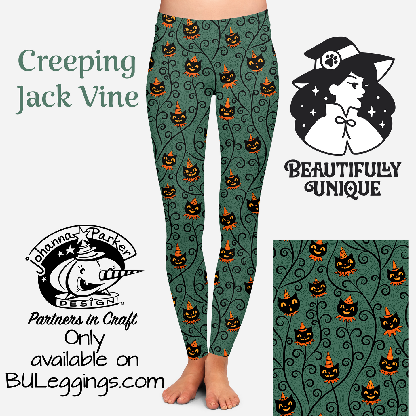 "Creeping Jack Vine" Black Vintage Cat Johanna Parker Exclusive - High-quality Handcrafted Vibrant Leggings -  - Leggings