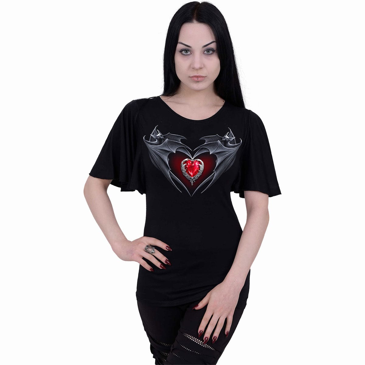 BAT'S HEART - Boat Neck Bat Sleeve Top Black - - Tops - Short Sleeve