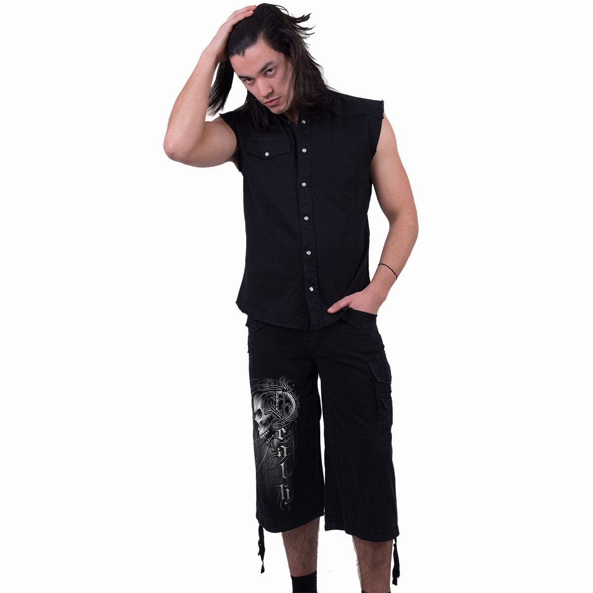 DEATH FOREVER - Vintage Cargo Shorts 3/4 Long Black - - Cargo Shorts
