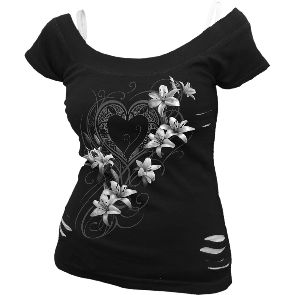 PURE OF HEART - 2in1 White Ripped Top Black -  - Tops - Short Sleeve