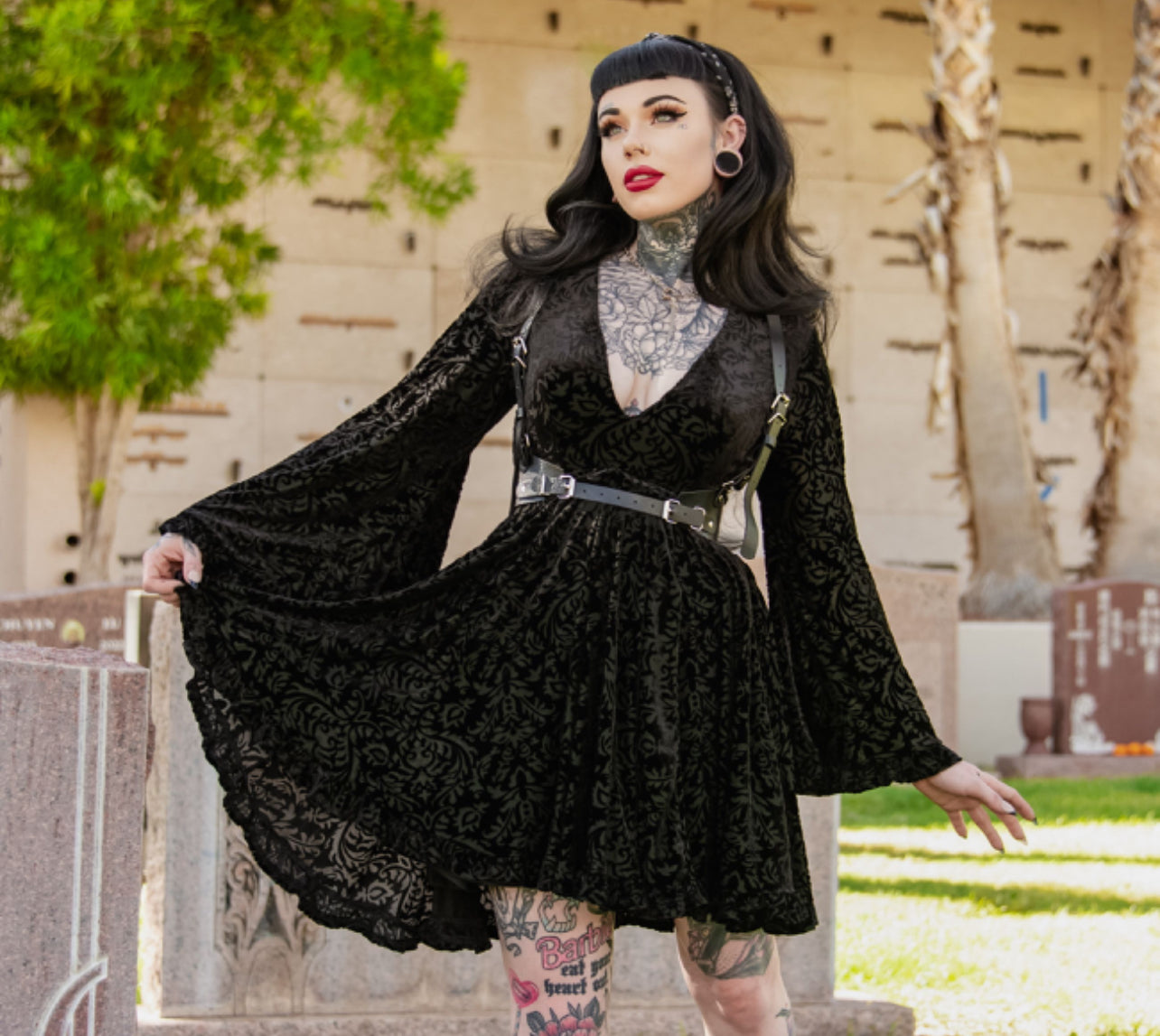 Nyx Bell Sleeve Velvet Damask Dress Gothic Witch