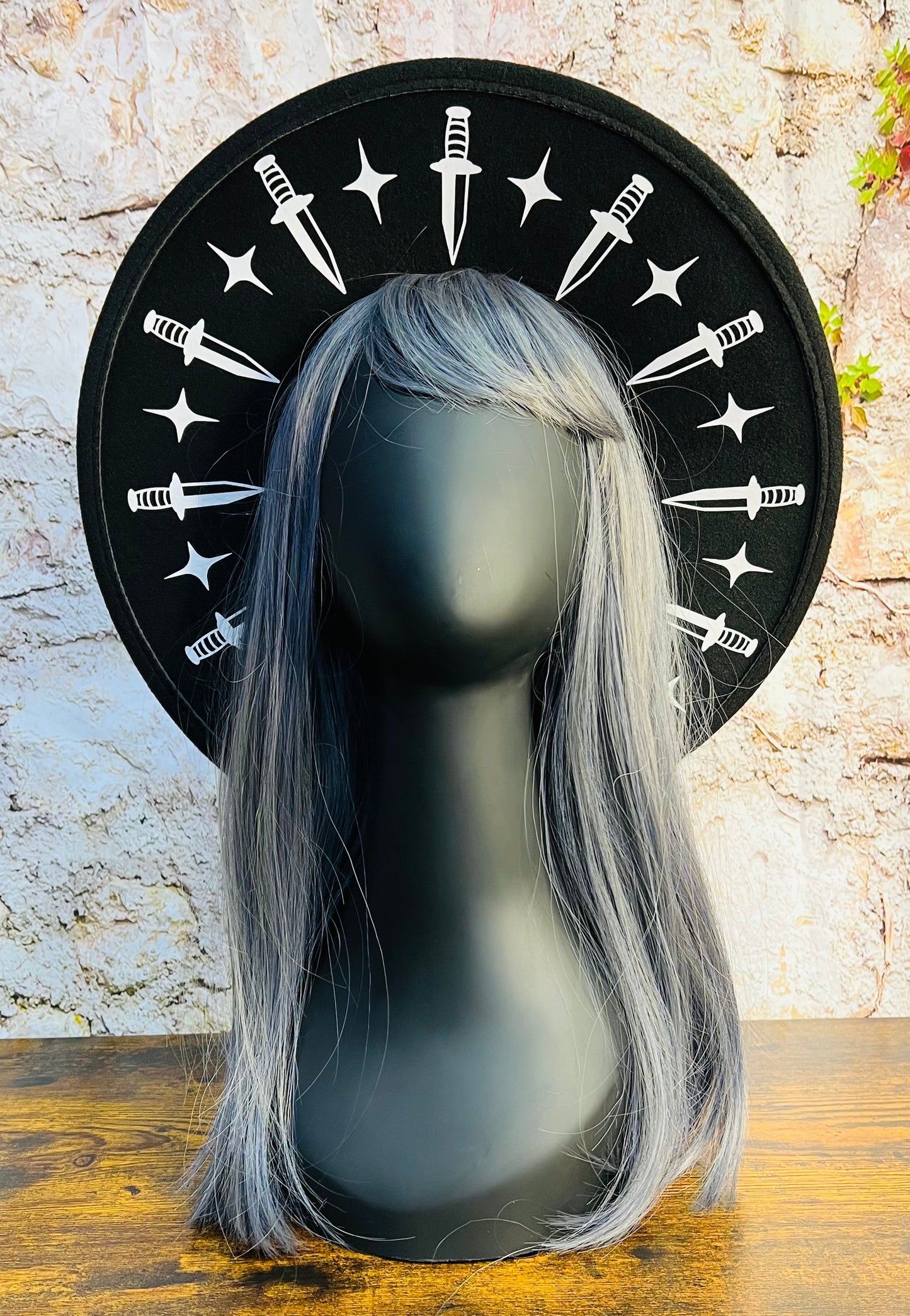 Vegan Felt Wide Brim Hat - Flat Top XL Brim - "Dagger Halo" - -